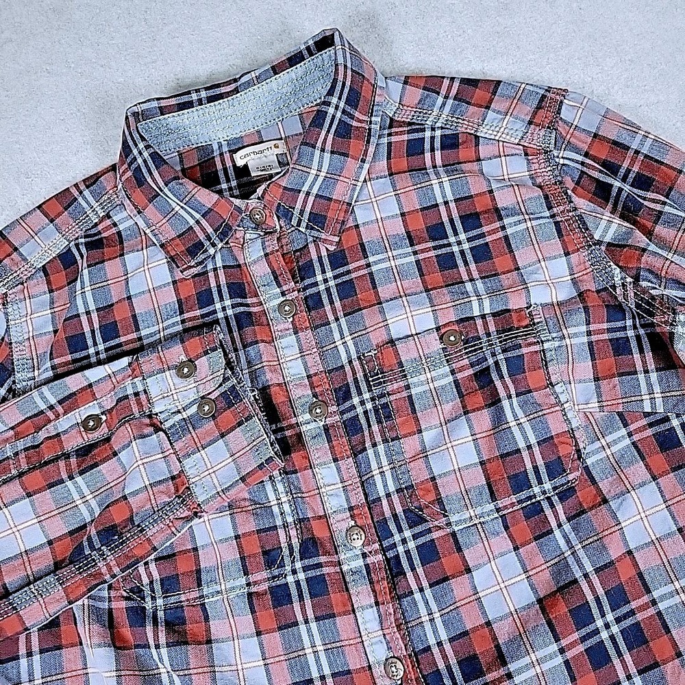 Carhartt Womens Plaid Button Down Shirt Red Blue Cotton Long Sleeve S 4/6 101434